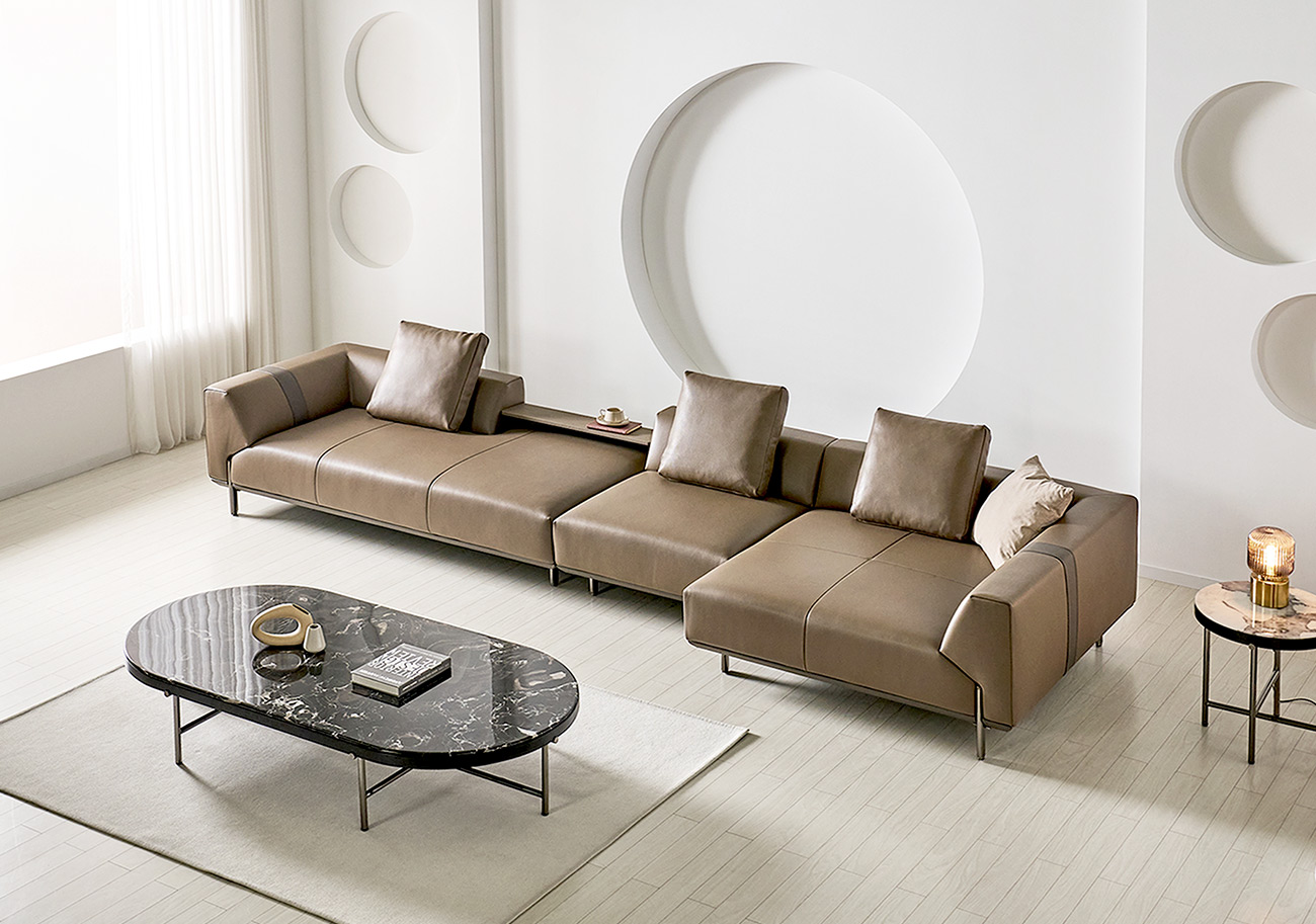 브랜든 세미에닐린 소가죽 4~6인용 팔걸이형 카우치형 명품 가구 소파