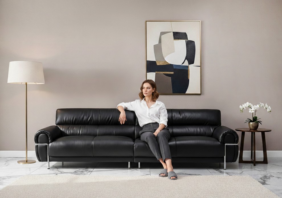 코르빈 천연 소가죽 4인용 소파